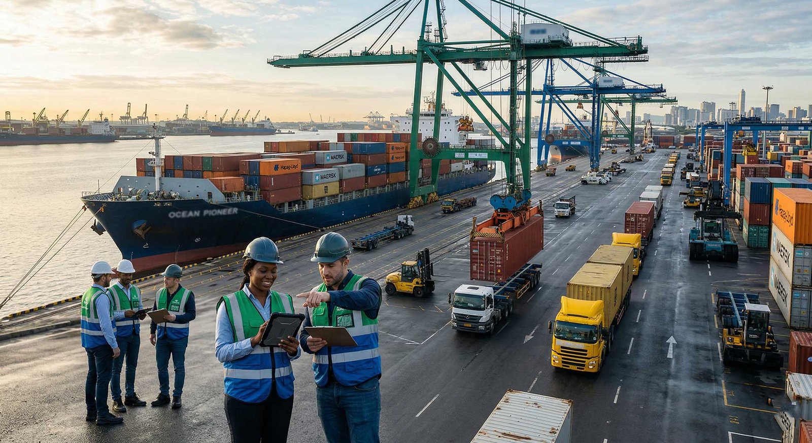 Container port logistics for global export shipments